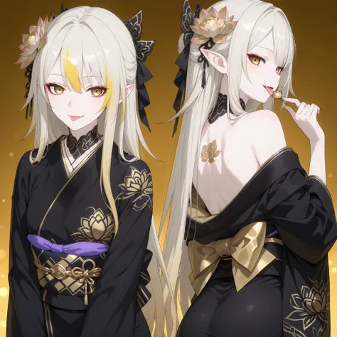 pale-blonde hair, Beautiful, Long Hair, (Rose gradient on hair), Golden Eyes with purple shade, black and gold kimono, cheeky, hair ribbon, alluring, fang, cunning, sly , sexy expression, Kitsune make-up, mature, eyeliner, pale hair, looking back, exposed ...