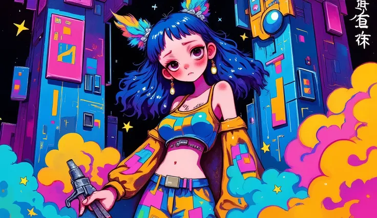 A cyberpunk princess with neon-lit hair and a circuit-laced gown stands defiantly in a gritty, futuristic cityscape. Her eyes glow with digital intensity as she surveys her neon-drenched kingdom. Towering skyscrapers loom in the background, adorned with ho...