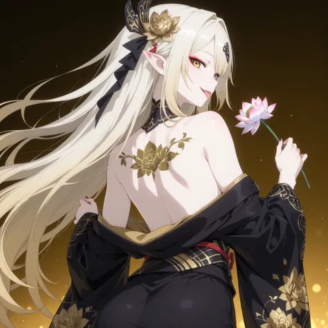 pale-blonde hair, Beautiful, Long Hair, (Rose gradient on hair), Golden Eyes with purple shade, black and gold kimono, cheeky, hair ribbon, alluring, fang, cunning, sly , sexy expression, Kitsune make-up, mature, eyeliner, pale hair, looking back, exposed ...