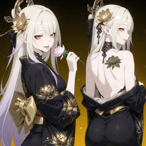 pale-blonde hair, Beautiful, Long Hair, (Rose gradient on hair), Golden Eyes with purple shade, black and gold kimono, cheeky, hair ribbon, alluring, fang, cunning, sly , sexy expression, Kitsune make-up, mature, eyeliner, pale hair, looking back, exposed ...