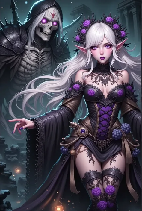 (Ultra-detailed face, Looking Away, Gothic Illustration, Dark Tone Colors. One thumb and four fingers.) , BREAK 
(A young female dark sorceress of dark elf descends from the ruins of a dark and eerie ancient Nordic temple, accompanied by a tall skeletal wa...