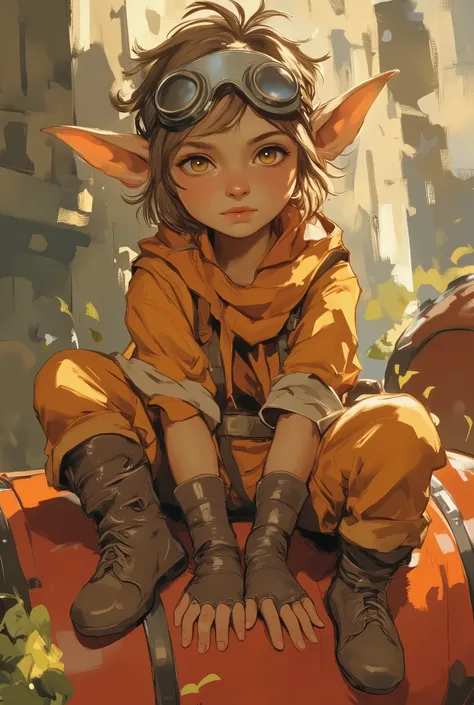 a Semi-realystic picture of a goblin female with goggles on her forehead, goblin girl dnd character, extremely detailed, from overwatch, high quality fanart, little goblin tomboy, in style of artgerm, senna from league of legends,
playful pose, short tousl...
