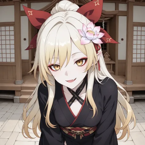 pale-blonde hair, Beautiful, Long Hair, (Rosy gradient on hair), Golden Eyes, black kimono, cheeky, hair ribbon, alluring, fang, cunning, mature, eyeliner, pale hair, flowy hair, standing, pale skin, Japanese shrine background, yokai, lotus flower on hair,...