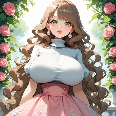 (pastel colors), 1woman, ((small, feminine and delicate body)), (perfect eyes), (big eyes), (perfect nose), (perfect lips), (perfect hair), huge breasts:1:5, ((very long hair)), wavy hair, (((dark-brown hair:1:1))), ((side curvy bang)), green eyes, big and...