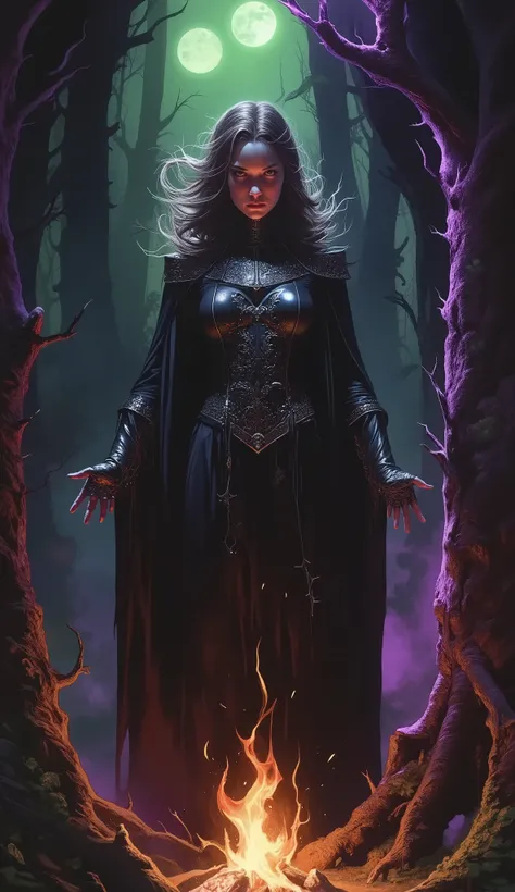 A dark fantasy theme of a female Dark Witch woman in medieval dress, on forest dark spell, in dynamic pose, twin moon in sky, bonfire. Glowing purple green and pink background lighting.