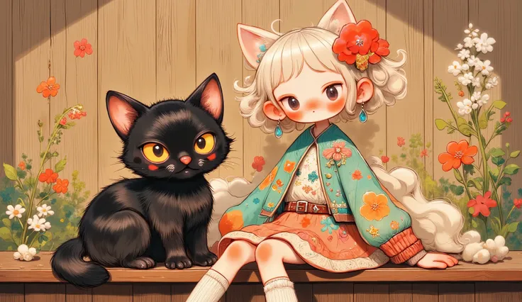 painting of a girl and a cat seated on a wooden bench, very pretty and cute babe, cute realistic girl painted, Beautiful young cat, girl with cat ears,  adorable digital painting  ,  beautiful character painting ,  cute digital art , inspired by Margaret K...