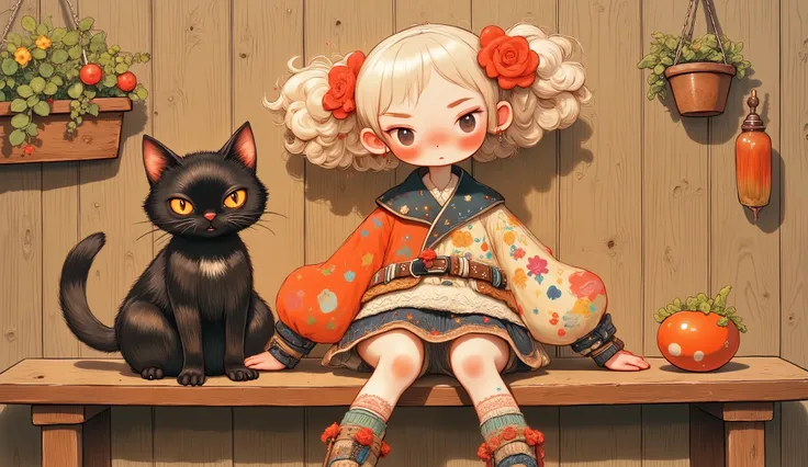 painting of a girl and a cat seated on a wooden bench, very pretty and cute babe, cute realistic girl painted, Beautiful young cat, girl with cat ears,  adorable digital painting  ,  beautiful character painting ,  cute digital art , inspired by Margaret K...
