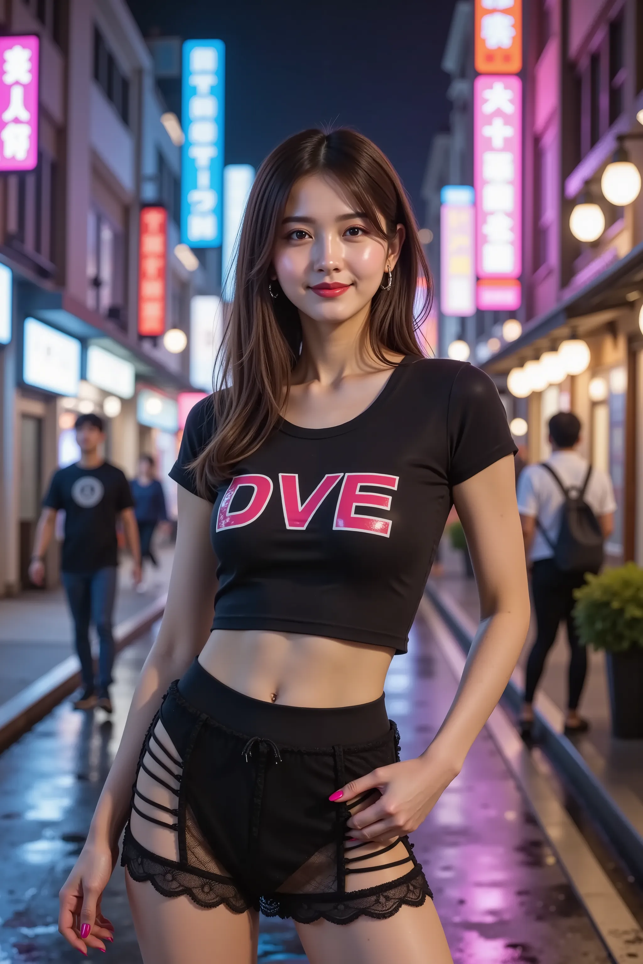 firm and big breasts, cleavage, smile, hair styled in aplatinum blonde, gold hair, medium-framed portrait shot from head to mid-thigh of a realistic adult slender woman with her full head and shoulders entirely in frame, standing on a bustling neon-lit cit...