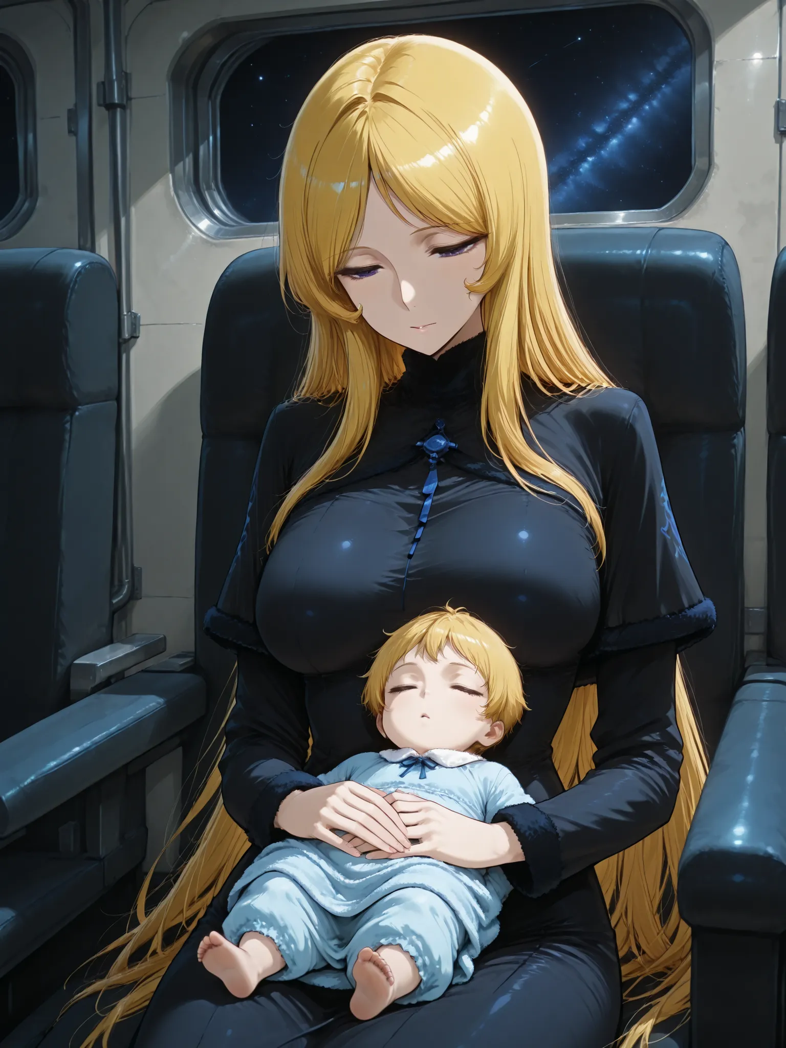 score_9, score_8_up, score_7_up, masterpiece, source_anime,THE GALAXY EXPRESS 999_Maetel,golden hair,1girl, black clothes, She is a mother,A baby is sleeping on his mother 's lap on the seat subway