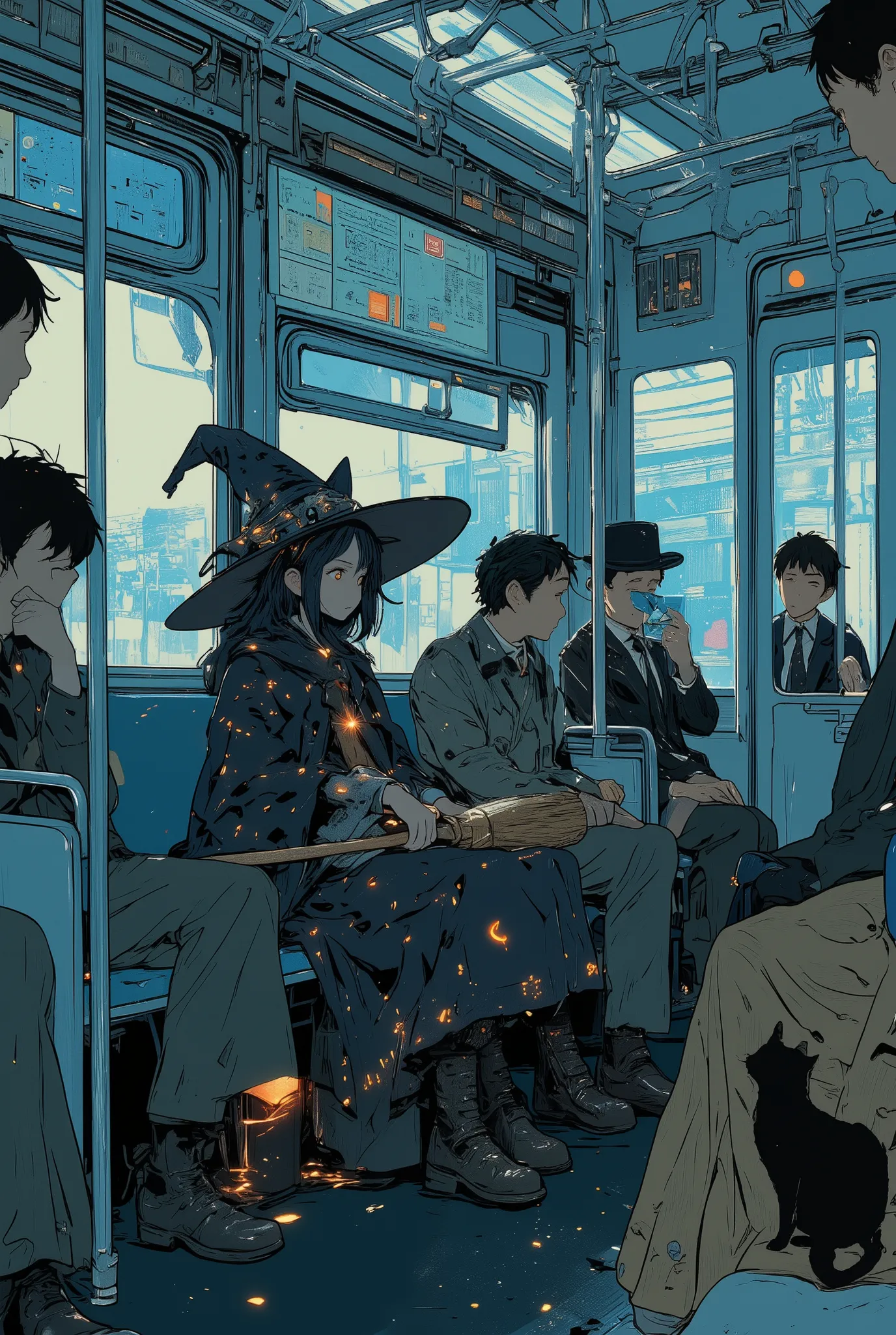 an old-fashioned witch with a tall pointed hat and star-patterned cloak sitting calmly on a subway seat,
she holds a wooden broom across her lap, and a black cat naps beside her with one paw draped over her bag,
her boots are worn and magical runes fai...
