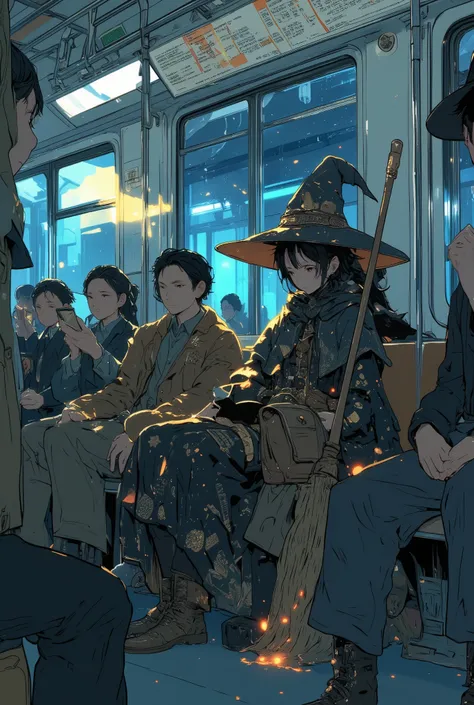 an old-fashioned witch with a tall pointed hat and star-patterned cloak sitting calmly on a subway seat,
she holds a wooden broom across her lap, and a black cat naps beside her with one paw draped over her bag,
her boots are worn and magical runes fai...