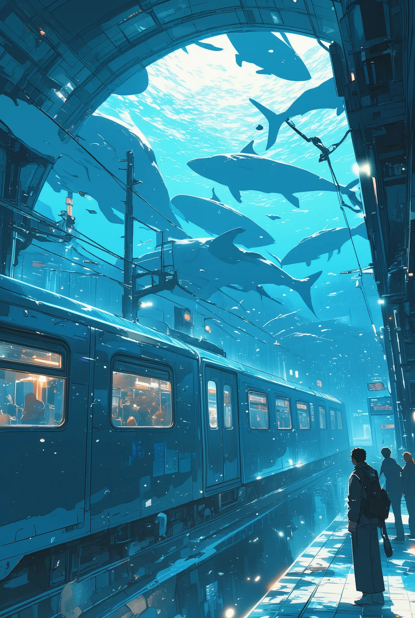 a surreal anime-style subway station scene where a fully visible subway train glides through an underwater-like tunnel filled with giant swimming fish,
the train is sleek and realistic, with clear windows and headlights shining through the shimmering wat...