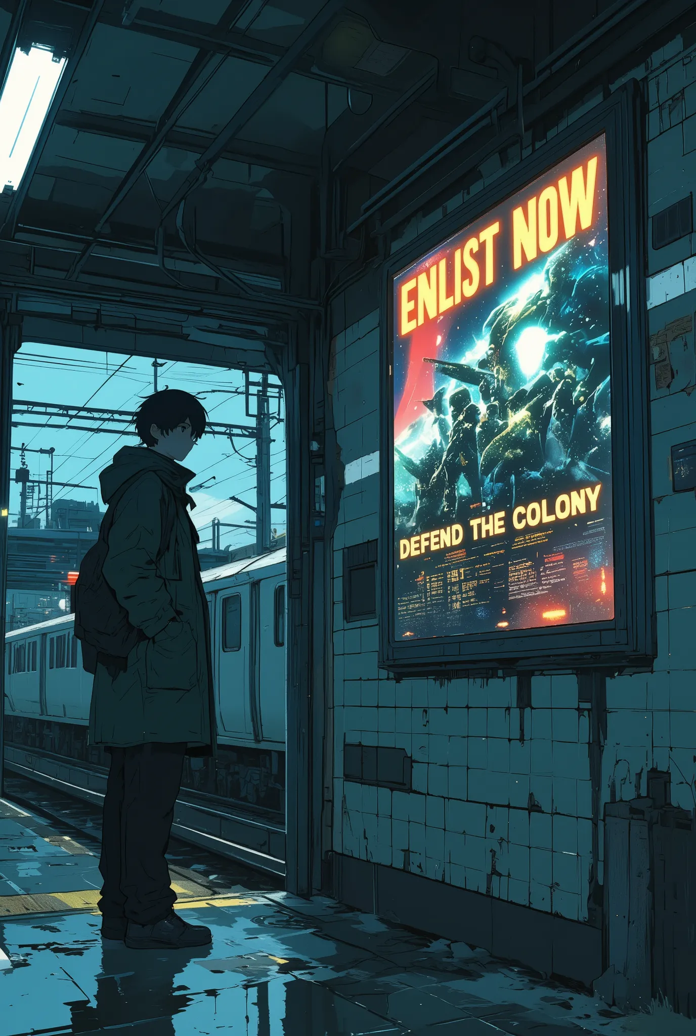 a lone anime-style young man standing motionless on a quiet subway platform at night,
he gazes intently at a large, futuristic military recruitment poster on the wall that reads “ENLIST NOW – DEFEND THE COLONY”,
his hands are in his coat pockets, shoul...