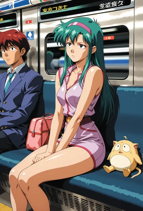 Time Gal with long green hair very sitting in a crowded subway train, bored, in full view in a highly detailed anime style