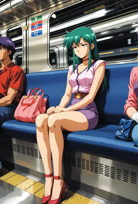 Time Gal with long green hair very sitting in a crowded subway train, bored, in full view in a highly detailed anime style