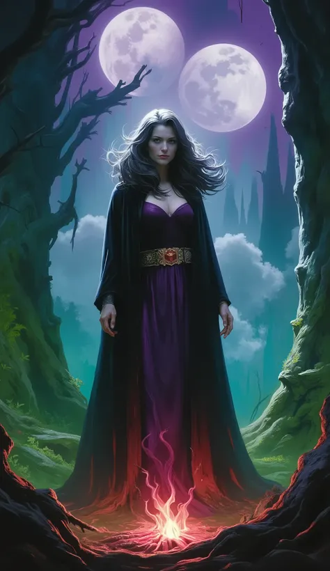 A dark fantasy theme of a female Dark Witch woman in medieval stile, on forest dark spell, in dynamic pose, twin moon in sky, bonfire. Glowing purple green and pink background lighting.