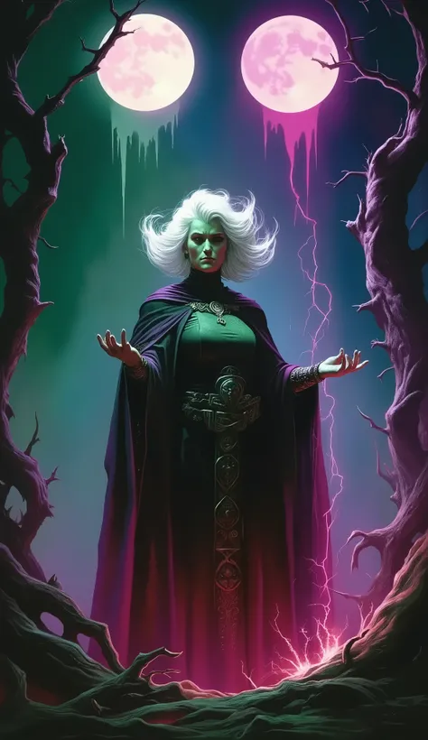 A dark fantasy theme of a female Dark Witch woman in medieval dress, on forest dark spell, in dynamic pose, twin moon in sky, bonfire. Glowing purple green and pink background lighting.