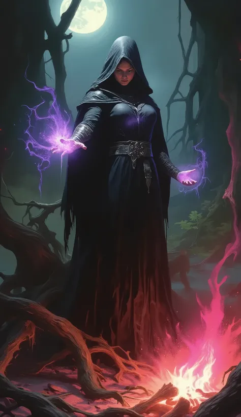 A dark fantasy theme of a female Dark Witch woman in medieval stile, on forest dark spell, in dynamic pose, twin moon in sky, bonfire. Glowing purple and pink background lighting.