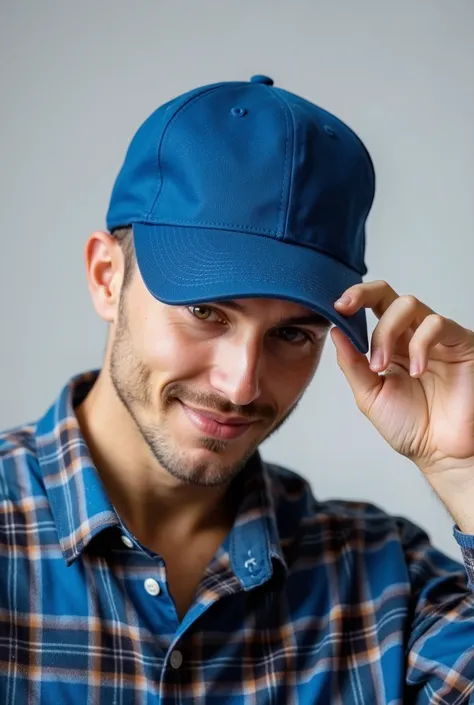 Close-up of a man wearing a simple blue cap and a plaid shirt, tilting the head slightly downward, while holding the cap brim with one hand. The background is simple and light gray . Your expression is relaxed and subtle, and his face is partially obscure...