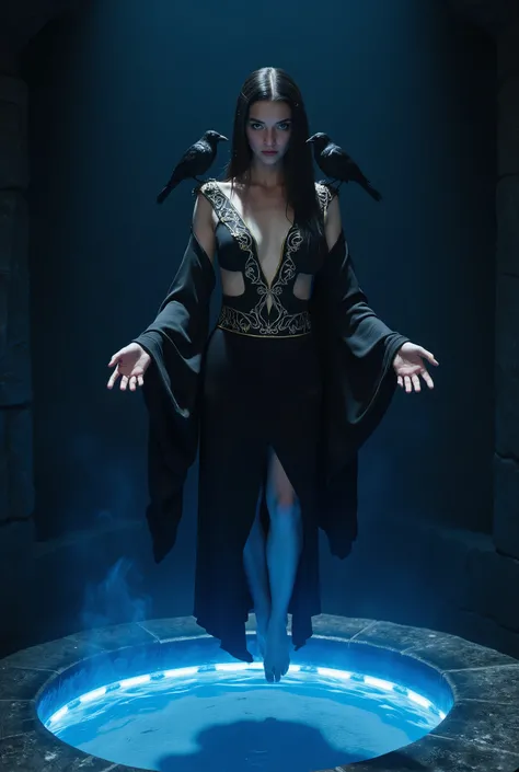 mysterious seductive girl in dark room with blue light, she is dressed in a flowing black silk dress with a hood, the dress has a deep neckline and cutouts along the sides, the dress has silver swirling branching patterns around the shoulders, the edges of...