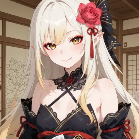 pale-blonde hair, Beautiful, Long Hair, (Rose gradient on hair), Golden Eyes, black kimono, cheeky, hair ribbon, alluring, fang, cunning, mature, eyeliner, pale hair, flowy hair, standing japanese house background, yokai, pointy ears, lotus flower on hair,...