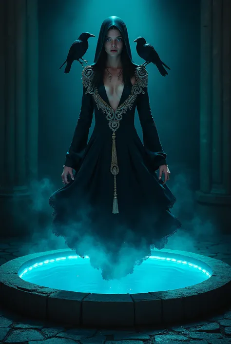 mysterious seductive girl in dark room with blue light, she is dressed in a flowing black silk dress with a hood, the dress has a deep neckline and cutouts along the sides, the dress has silver swirling branching patterns around the shoulders, the edges of...
