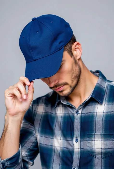 Close-up of a man wearing a simple blue cap and a plaid shirt, tilting the head slightly downward, while holding the cap brim with one hand. The background is simple and light gray . Your expression is relaxed and subtle, and his face is partially obscure...