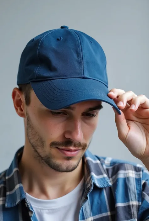 Close-up of a man wearing a simple blue cap and a plaid shirt, tilting the head slightly downward, while holding the cap brim with one hand. The background is simple and light gray . Your expression is relaxed and subtle, and his face is partially obscure...