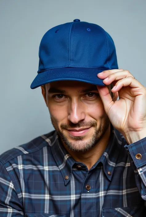 Close-up of a man wearing a simple blue cap and a plaid shirt, tilting the head slightly downward, while holding the cap brim with one hand. The background is simple and light gray . Your expression is relaxed and subtle, and his face is partially obscure...
