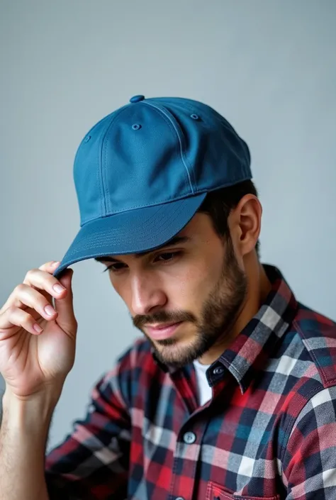 Close-up of a man wearing a simple blue cap and a plaid shirt, tilting the head slightly downward, while holding the cap brim with one hand. The background is simple and light gray . Your expression is relaxed and subtle, and his face is partially obscure...