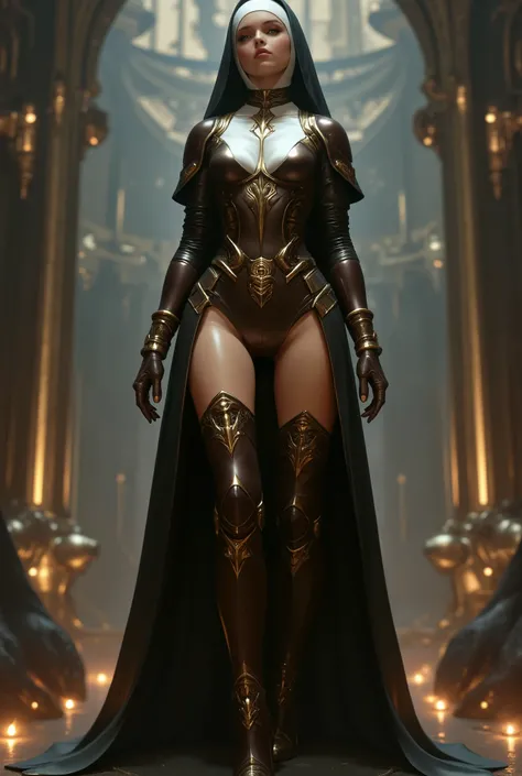 photo real. steampunk nun, with dark brown thigh high boots with 12 inch heels. looking to the side