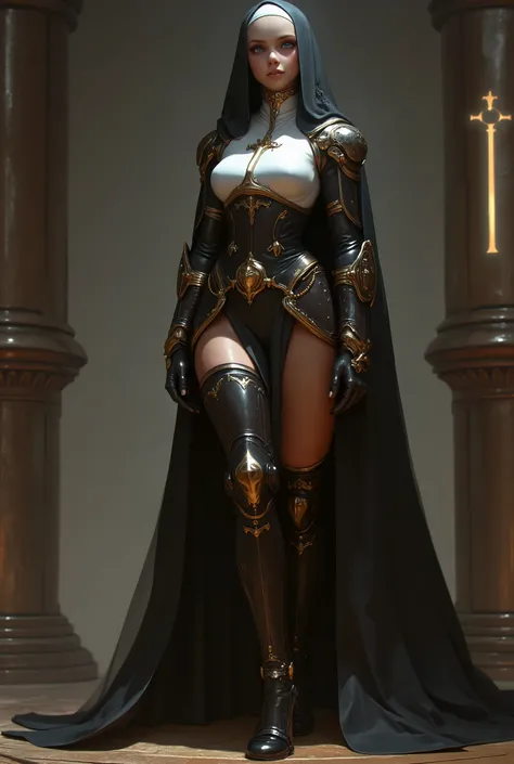 photo real. steampunk nun, with dark brown thigh high boots with 12 inch heels. looking to the side