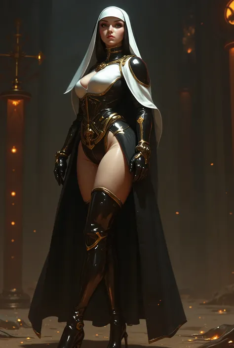 photo real. steampunk nun, with dark brown thigh high boots with 12 inch heels. looking to the side