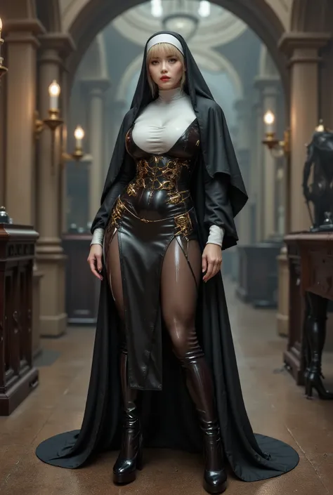 photo real. steampunk nun, with dark brown thigh high boots with 12 inch heels. looking to the side