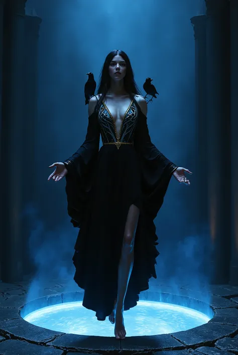 mysterious seductive girl in dark room with blue light, she is dressed in a flowing black silk dress with a hood, the dress has a deep neckline and cutouts along the sides, the dress has silver swirling branching patterns around the shoulders, the edges of...