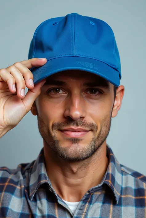 Close-up of a man wearing a simple blue cap and a plaid shirt, tilting the head slightly downward, while holding the cap brim with one hand.  The background is simple and light gray . Your expression is relaxed and subtle, and his face is partially obscure...