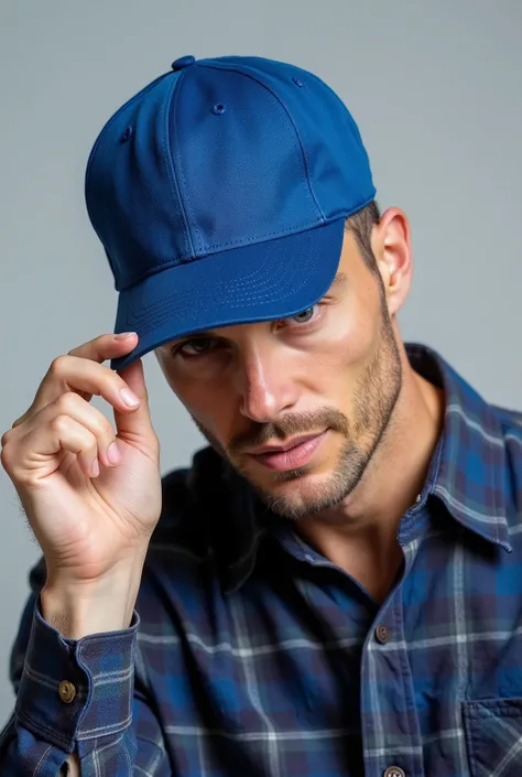 Close-up of a man wearing a simple blue cap and a plaid shirt, tilting the head slightly downward, while holding the cap brim with one hand. The background is simple and light gray . Your expression is relaxed and subtle, and his face is partially obscure...