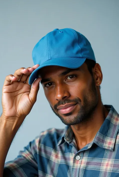 Close-up of a man wearing a simple blue cap and a plaid shirt, tilting the head slightly downward, while holding the cap brim with one hand. The background is simple and light gray . Your expression is relaxed and subtle, and his face is partially obscure...