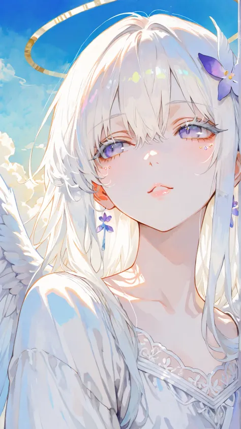 masterpiece, best quality, soft watercolor style, high resolution, delicate and ultra-fine line art, gentle pastel lighting, no shadows, close-up 3/4 view of a beautiful angelic girl, white hair, white fluffy eyelashes, structured catlike eyes with upper a...