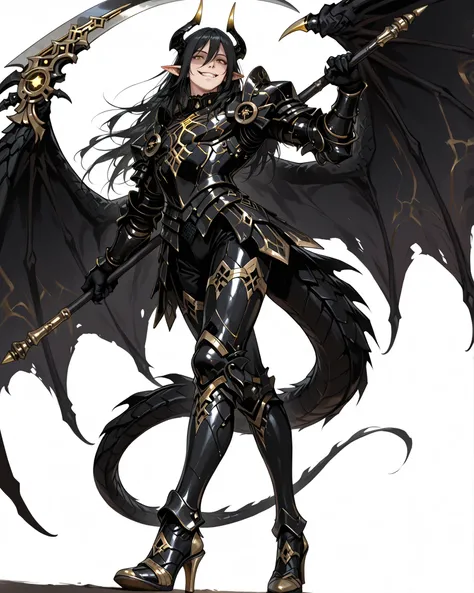 absurdres, (masterpiece, best quality: 1. 5), highres, 8K wallpaper, CG, (((Anime))), (1 male), solo, lean body, (masculine), (floating in the air), weredragon, japanese anime style, glossy black, shiny black leather, ((beautiful golden eyes, finely detailed eyes, bright eyes, vertical iris)), hair between eyes, black hair, long hair, sideburns, wild hair, unkempt hair, (sly grin, smirk, evil smile), teeth, confident, ((ultra detailed face)), shiny skin, long pointy ears, twisted torso, long-legged, sculpted face, wasp waist, dragon horn, dragon tail, dragon wings, dragon sharp claws, (black armor with a lot of grandiose decorations), half dragon half human, dramatic angle, dynamic posture, (holding giant scythe on shoulder), ultra detailed black armor, black armor with gold accent, all black outfit, full body, emphasize face, focused expression, sharp focus, good-looking man, well-polished black armor, charismatic pose, (best illustration), cinematic, dramatic lighting, (intricate detail, super detail, extreme detailed, super detailed: 1. 5), (highly detailed artwork), dramatic shadows, tenebrism, chiaroscuro, wonderful pose, chiseled features, stark contrast, heavy shadows, detailed black decorations, beautiful and aesthetic, photoreal, from below, (mysteriously crafted black metal armor: 1. 5), sparkling accessories, thick and luxuriant hair, ultra detailed fantasy black armor, dressed in black, broad shoulder, true-to-life visuals, artistically refined, dramatic contrasts, ((extremely delicate and beautiful armor, elaborate armor details)), (dark armor, stylized armor), exquisite goldwork, wonderful black armor, armor with intricate engravings, ((armor-type high heels)), ((detailed shoulder armor with intricate engravings, gold accent black armor)), (128K Ultra High Resolution), very gorgeous and dazzling, dark fantasy black knight, slim waistlines, wide chested, sinewy body, simple white background, (((Hyper Detailed & Perfectly Designed Black Armor)))