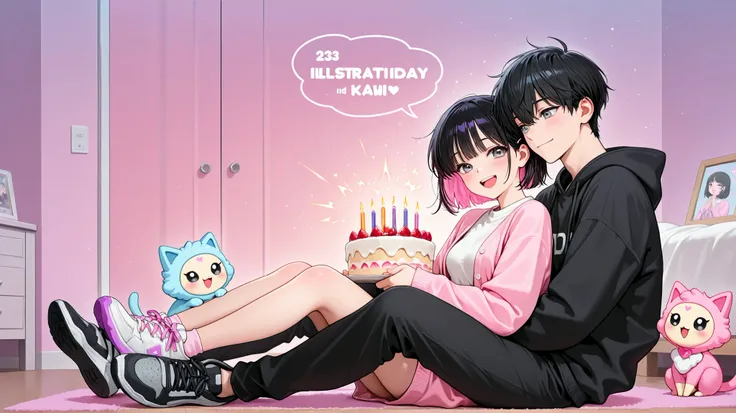 (masterpiece, best quality, good quality), illustration, Beautiful girl with handsome boy, a girl in pink open sweatshirt with short white polo inside, black pants short black hair with pink tufts , smiling girl , upper teeth together with a boy with black...