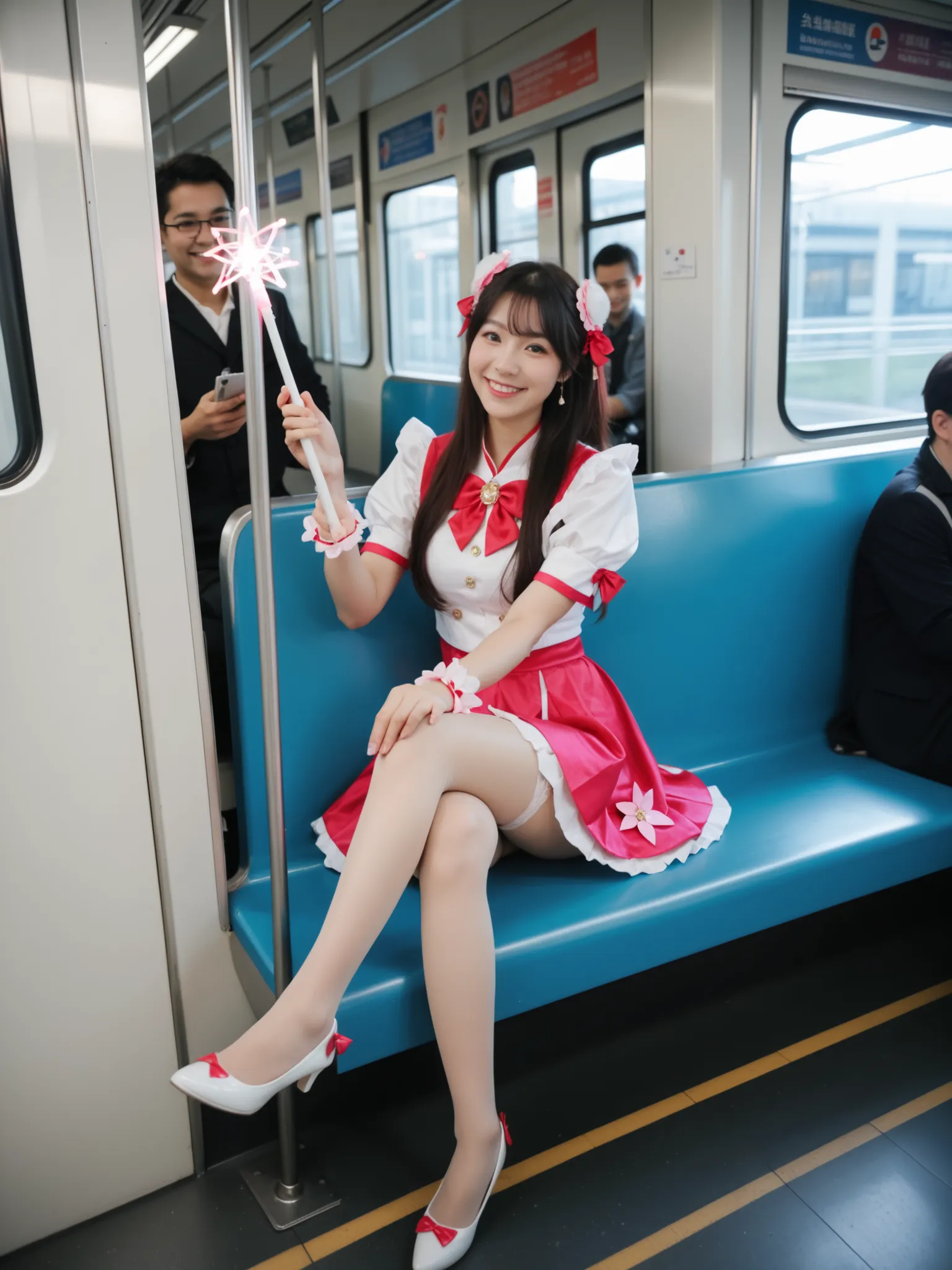 Realistic photo. Cosplay of a slightly smiling, sensuous, magical Japanese girl holding a magic stick, showcasing thighs, delicate shoes, sitting inside a subway train with people.