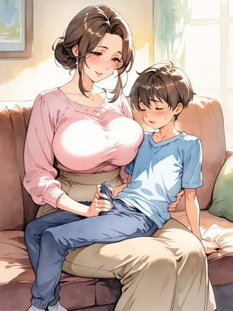 shota sitting on mom's lap, sitting on a couch, mature woman, wholesome, handjob, motherly, Watercolor, boner behind clothes,