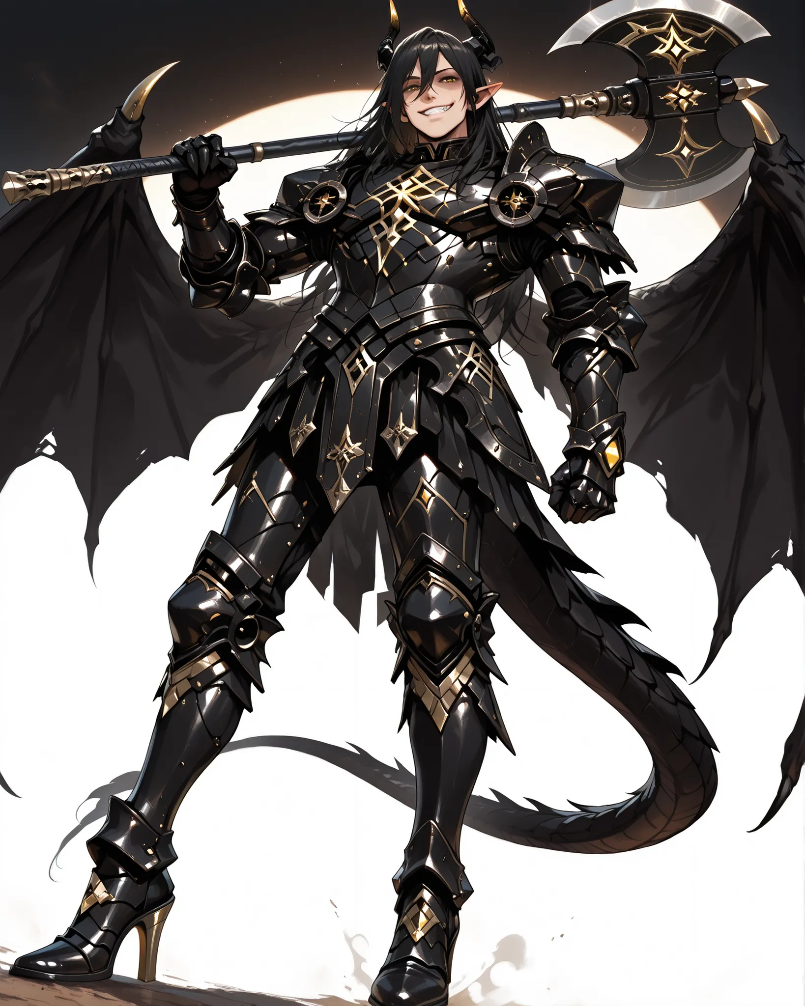 score_9, absurdres, (masterpiece, best quality: 1. 5), highres, 8K wallpaper, CG, (((Anime))), (1 male), solo, lean body, (masculine), (floating in the air), weredragon, japanese anime style, glossy black, shiny black leather, ((beautiful golden eyes, fine...