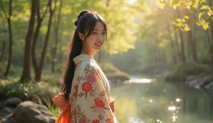 A real, slender, 18-year-old Oriental Japanese girl standing near a hot spring inside a spring forest. She is wearing a thick lambswool traditional Wafuku (kimono), smiling warmly with a humanity smile. She has delicate facial features, black eyes, soft nose, slim fingers, visible slender legs, thin waist, small chest, gentle hips. Her lush, beyond-floor-length black hair flows slightly in a soft breeze.

Her entire slim body must be fully visible: face, hair, hands, chest, waist, hips, legs, feet, shoes, with natural body curve and streamlined posture.

The background is a vibrant spring forest with soft sunlight filtering through fresh leaves, ambient warm light, slightly misty and dreamlike atmosphere.

Extremely detailed hair strands, soft lambswool texture with visible fibers, delicate face shading, natural skin texture.

Focus on the girl, background slightly blurred. The entire scene should convey warmth, purity, gentleness, and a pure soul energy.