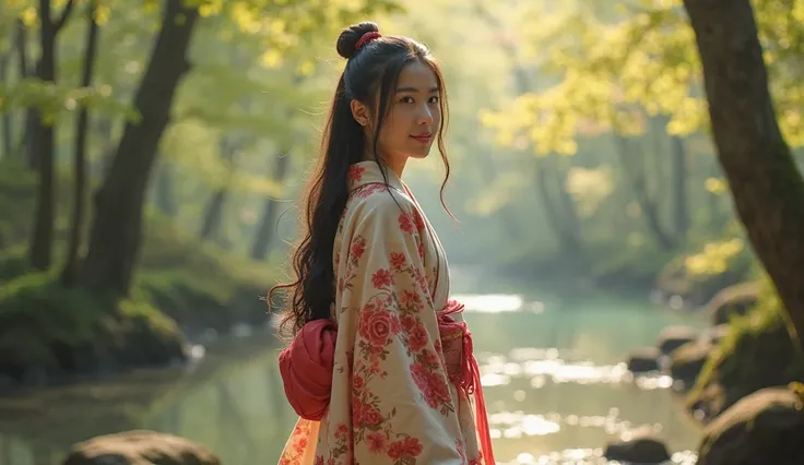 A real, slender, 18-year-old Oriental Japanese girl standing near a hot spring inside a spring forest. She is wearing a thick lambswool traditional Wafuku (kimono), smiling warmly with a humanity smile. She has delicate facial features, black eyes, soft nose, slim fingers, visible slender legs, thin waist, small chest, gentle hips. Her lush, beyond-floor-length black hair flows slightly in a soft breeze.

Her entire slim body must be fully visible: face, hair, hands, chest, waist, hips, legs, feet, shoes, with natural body curve and streamlined posture.

The background is a vibrant spring forest with soft sunlight filtering through fresh leaves, ambient warm light, slightly misty and dreamlike atmosphere.

Extremely detailed hair strands, soft lambswool texture with visible fibers, delicate face shading, natural skin texture.

Focus on the girl, background slightly blurred. The entire scene should convey warmth, purity, gentleness, and a pure soul energy.