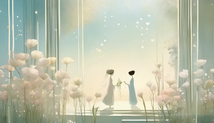loish and pascal campion art, an ethereal scene of surreal giant flowers blooming soft white bell-flowers gently drooping like tiny tranlucent porcelain chimes, their fragrance lingering in the silver air. A quiet breeze stirs the leaves, dew glistening li...