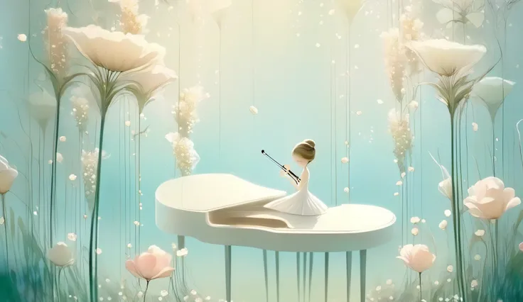loish and pascal campion art, an ethereal scene of surreal giant flowers blooming soft white bell-flowers gently drooping like tiny tranlucent porcelain chimes, their fragrance lingering in the silver air. A quiet breeze stirs the leaves, dew glistening li...