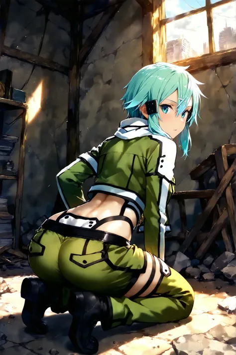 (((super detailed))), wilderness, collapsed city,  inside, hide, 1 girl, beautiful, sinon, crouch, sit down