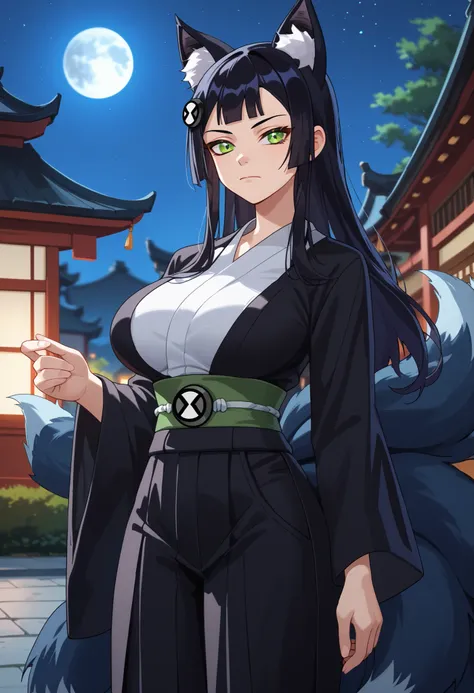 1girl, solo, closed mouth, long hair, black hair, green eyes, hair ornament, fox ears, black ears, multiple tails, nine tails, 9tails, Big tails, fox tail, black tails,
multicolored kimono, black kimono, big breasts, green sash, wide sleeves, black pants, ...